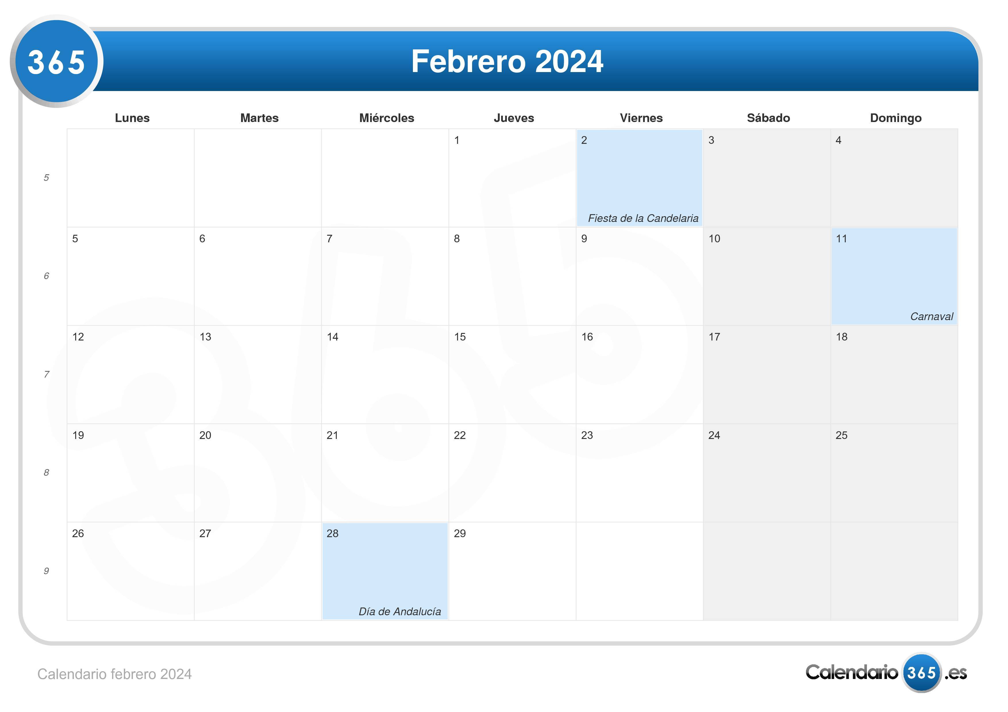 Calendario febrero 2024