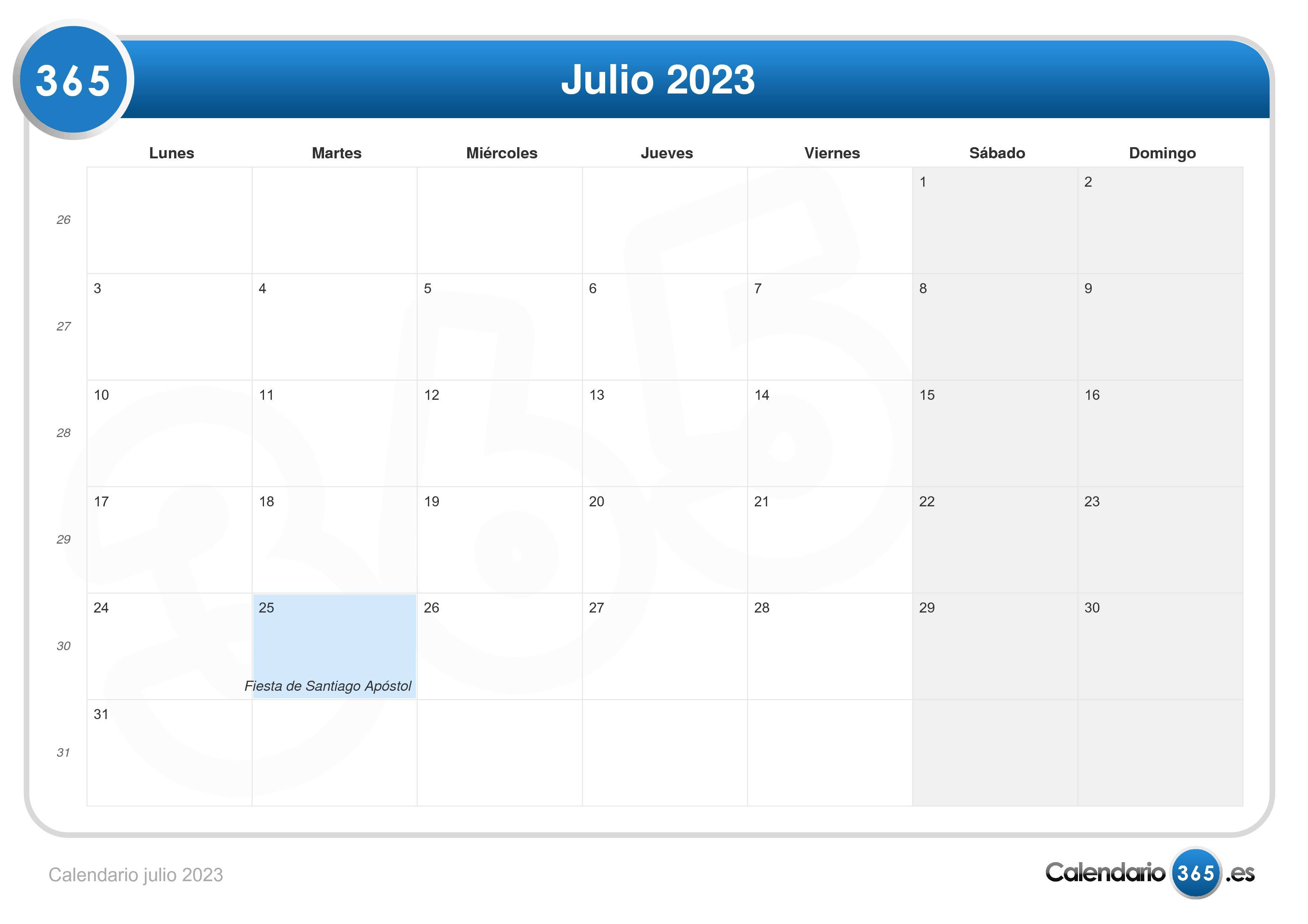 Calendario Julio 2023