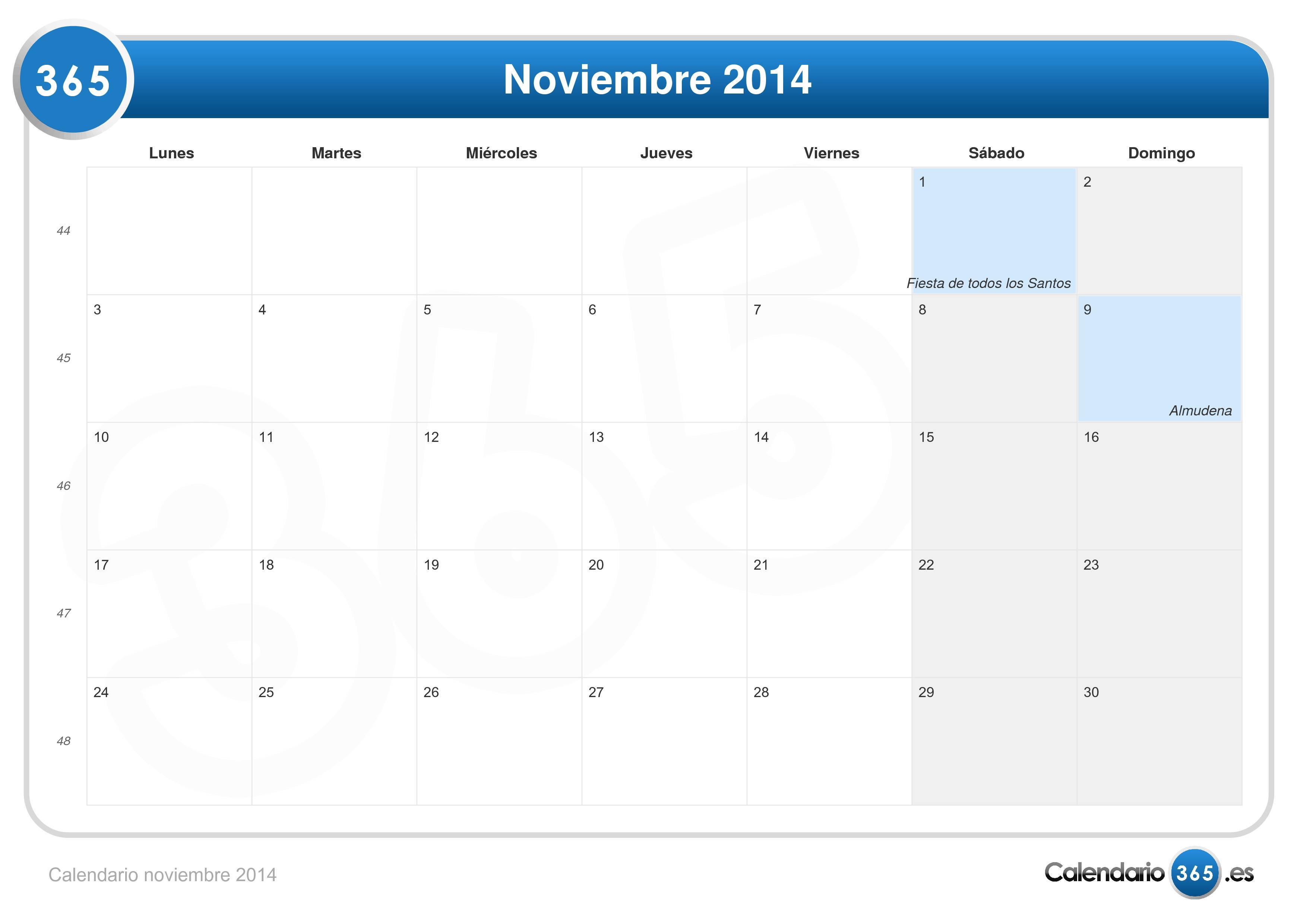 Calendario noviembre 2014 para imprimir - iCalendario.net