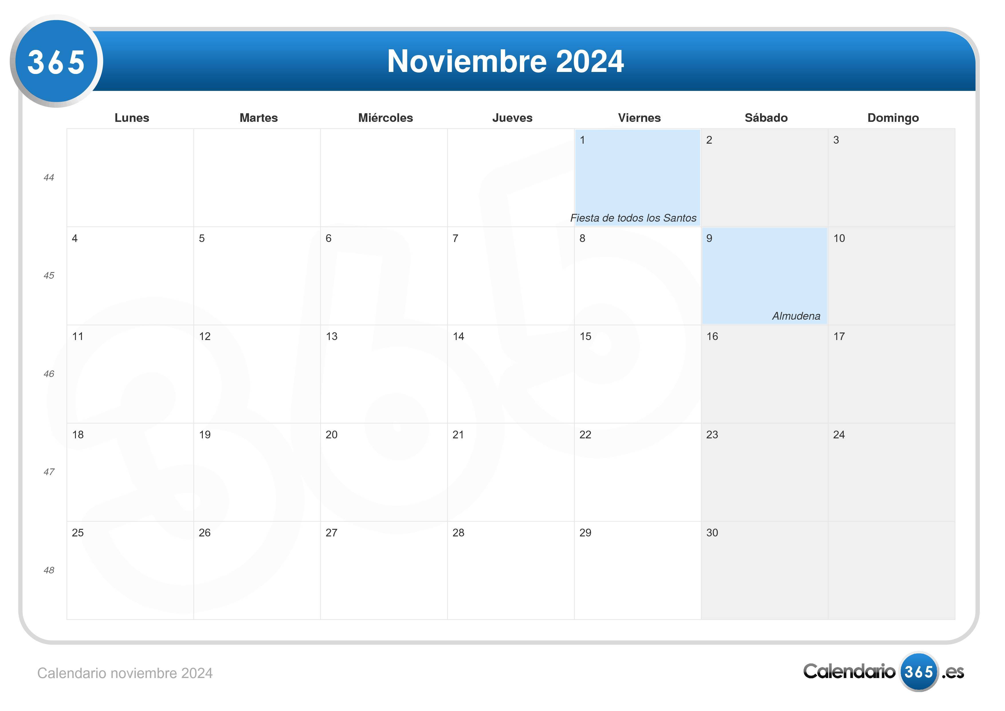 Calendario noviembre 2024