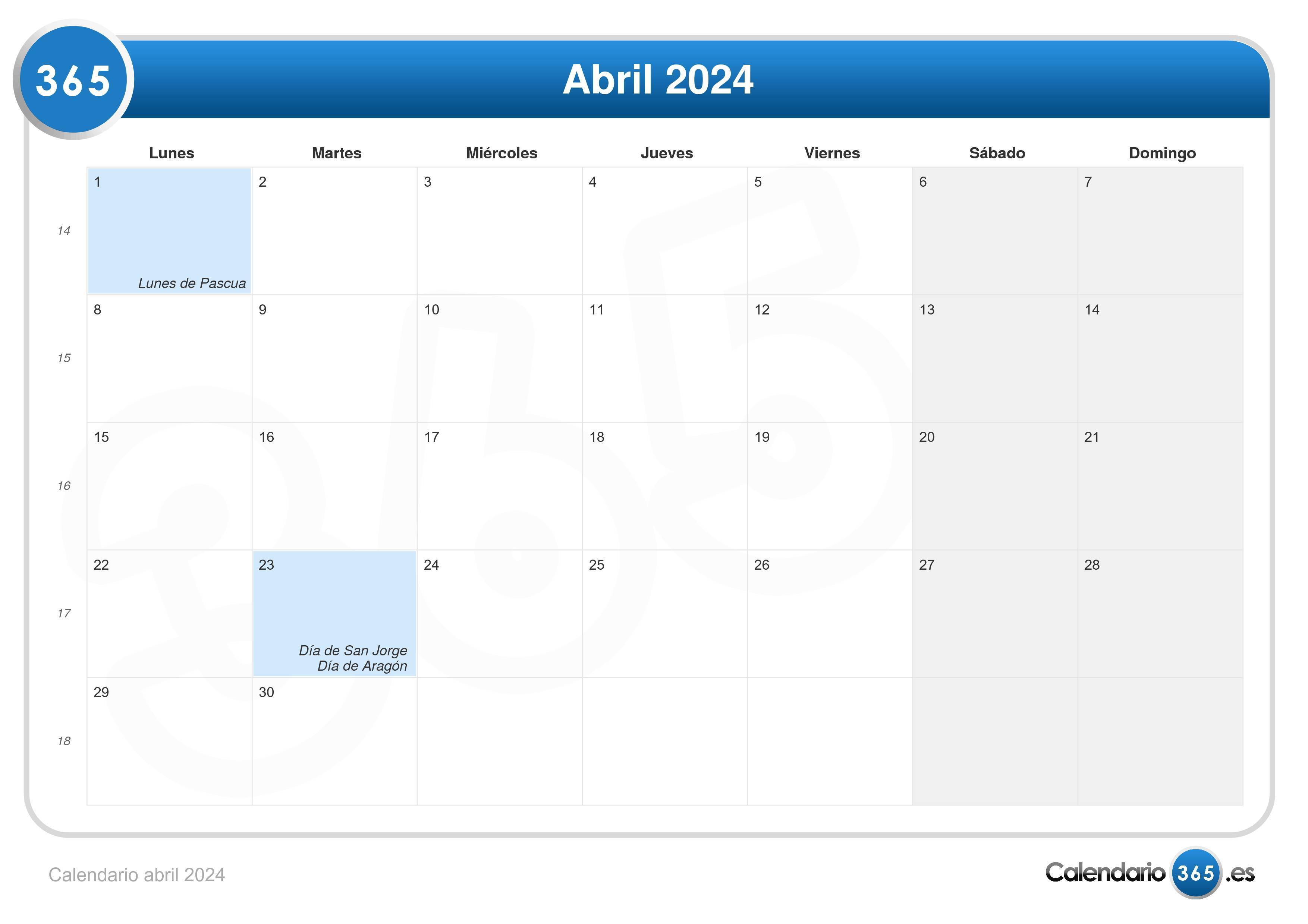 Calendario abril 2024