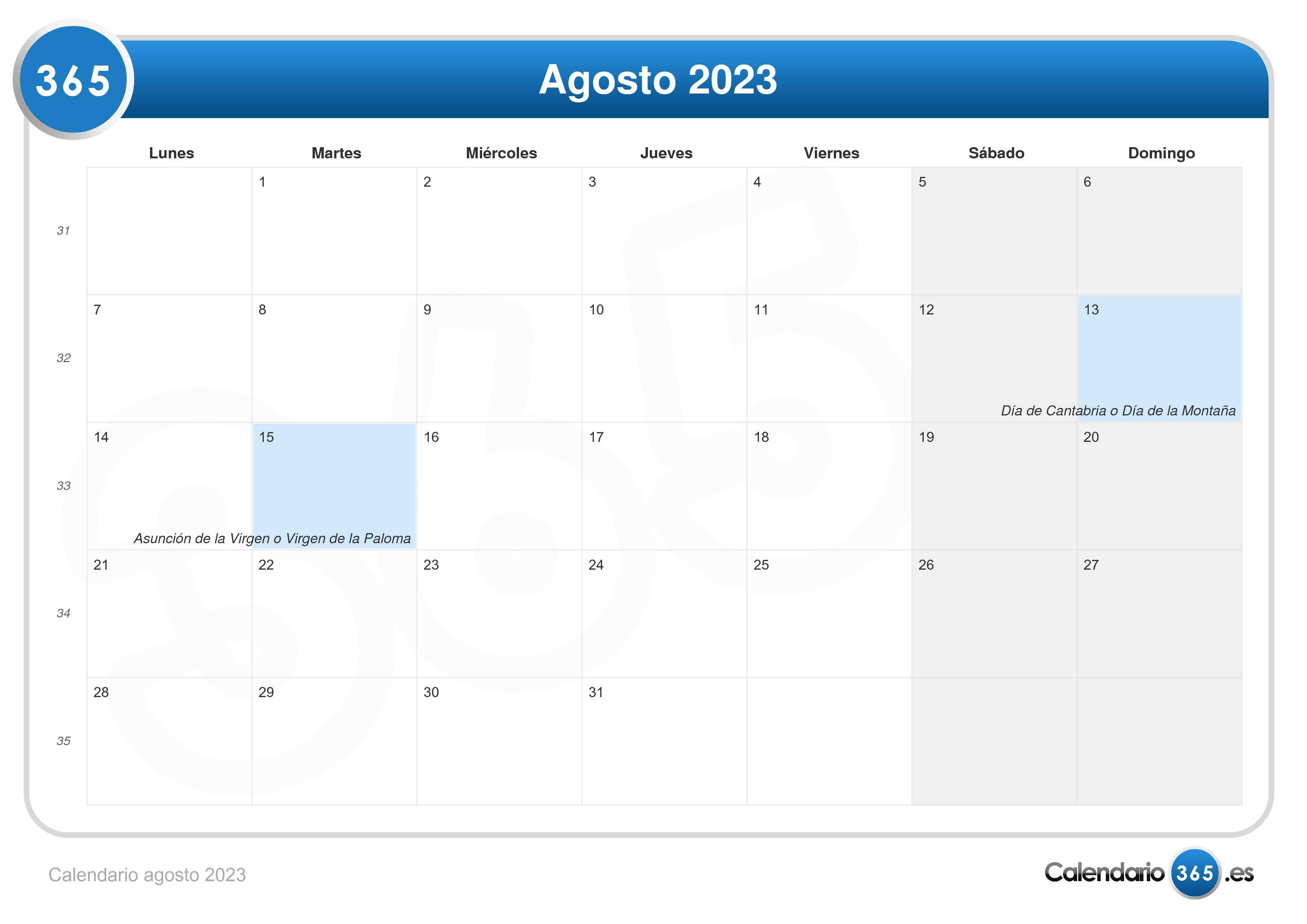 Calendario Agosto 2023