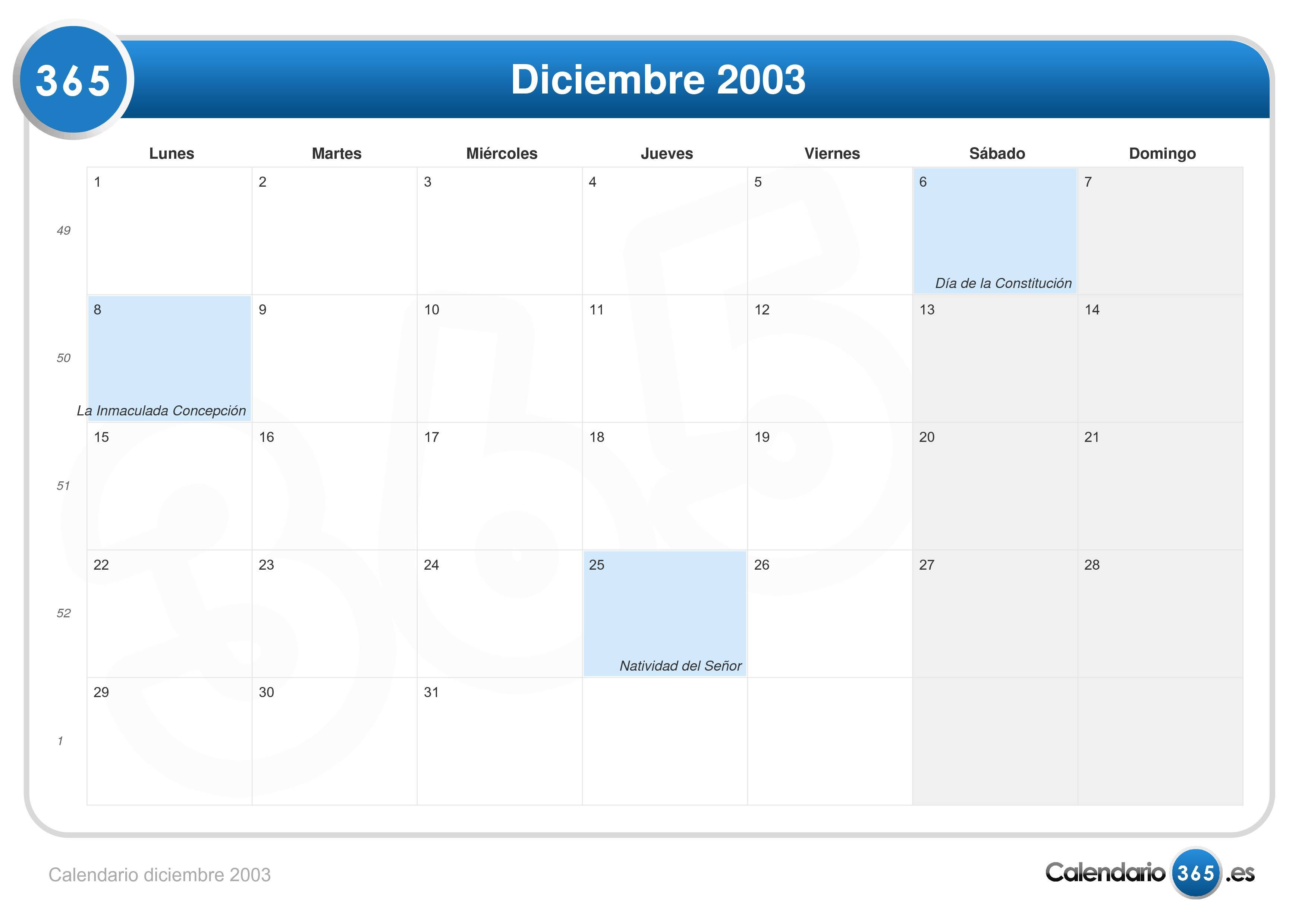 Calendario Diciembre 2003 calendario diciembre 2003