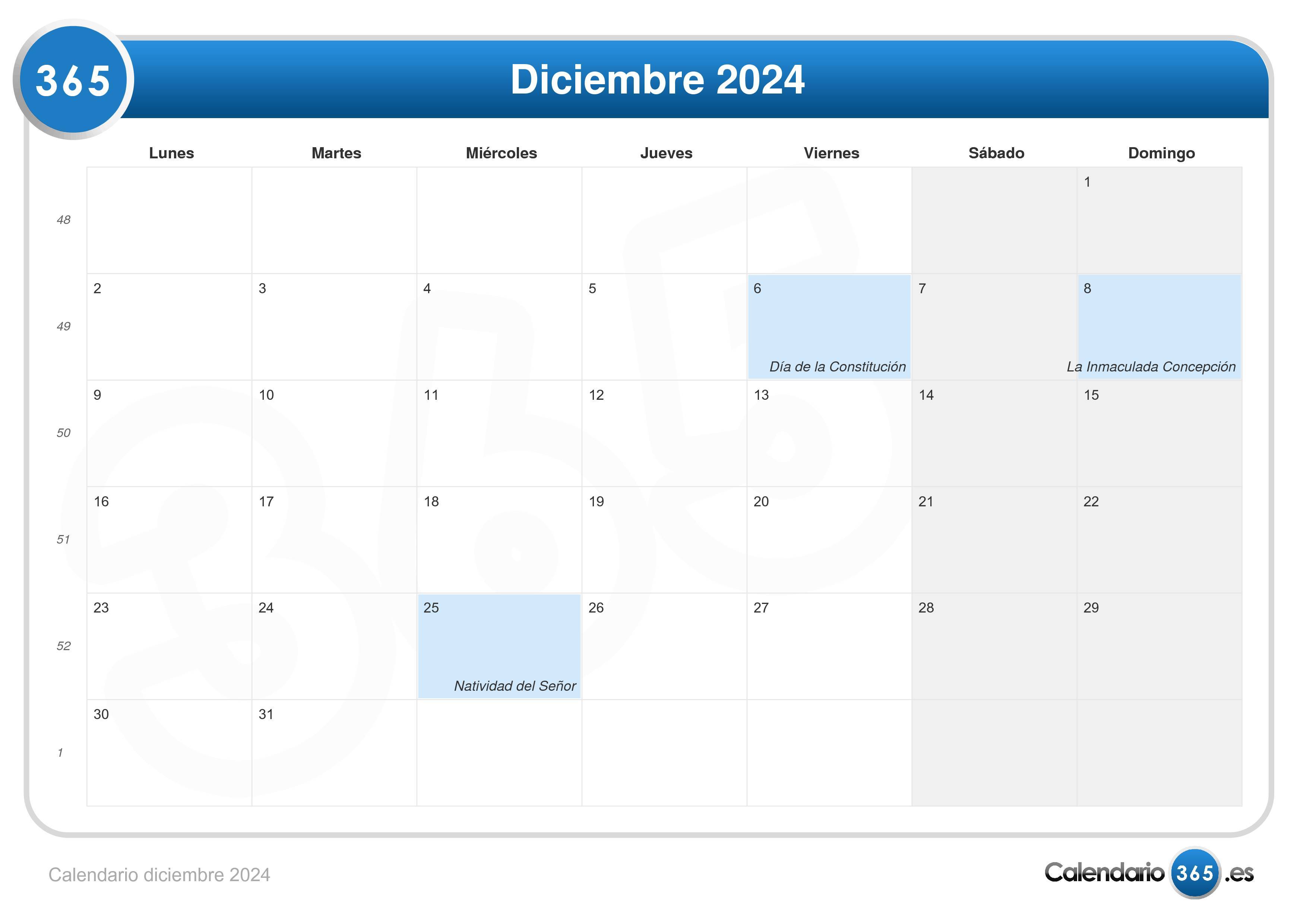 Calendario diciembre 2024