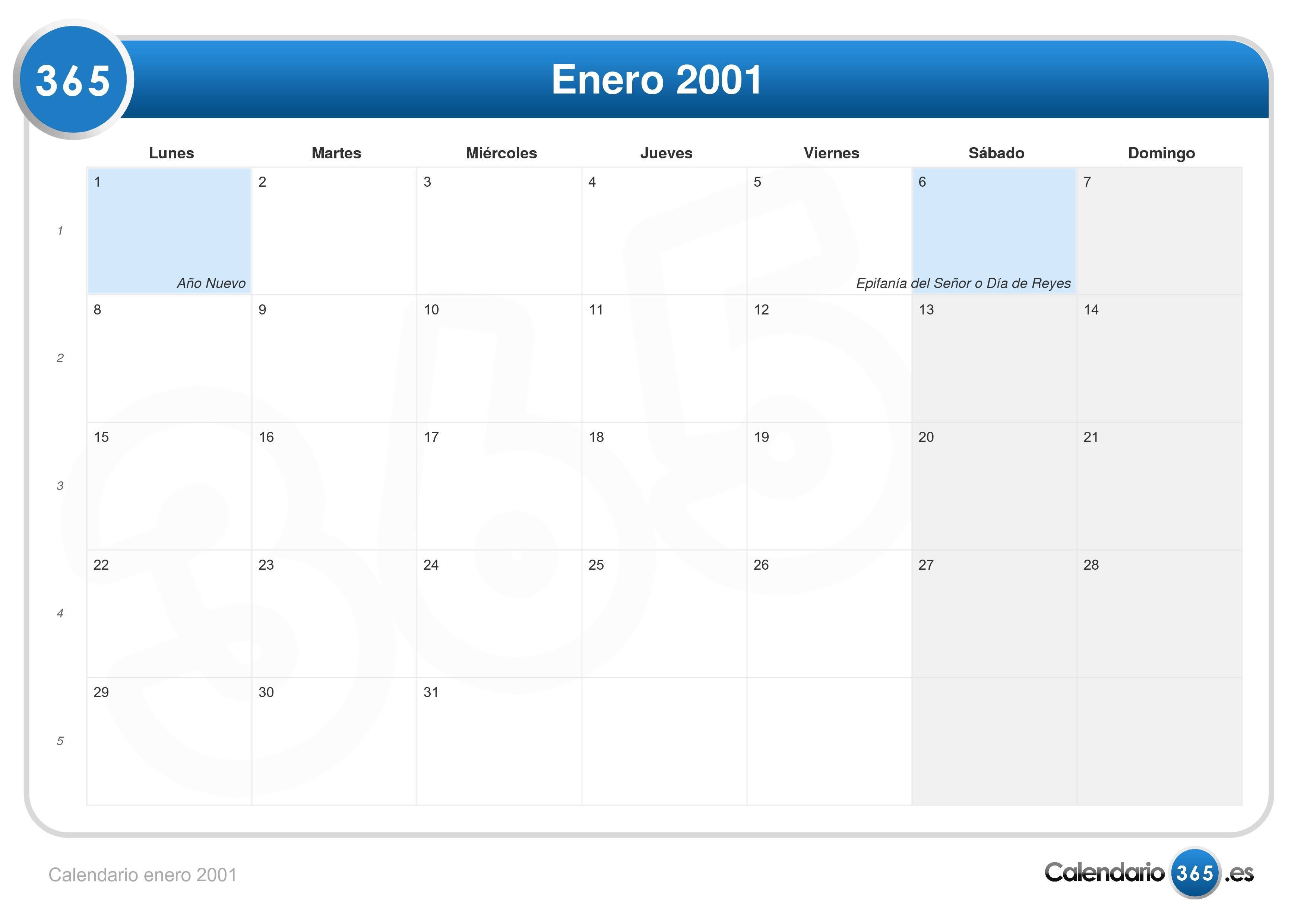 Calendario Enero 2001 enero 2001 calendario