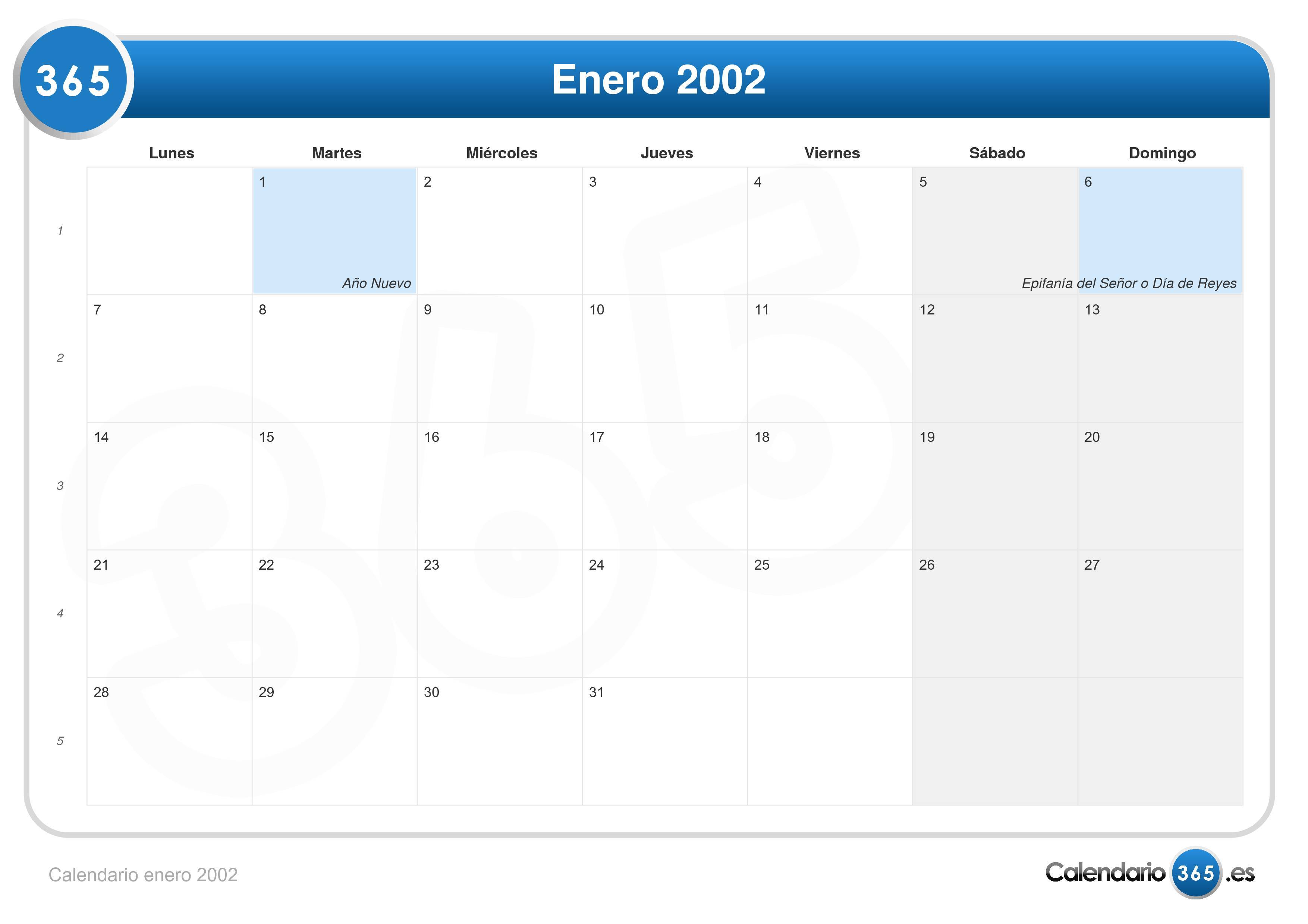 Calendario Enero 2002 calendario año 2002