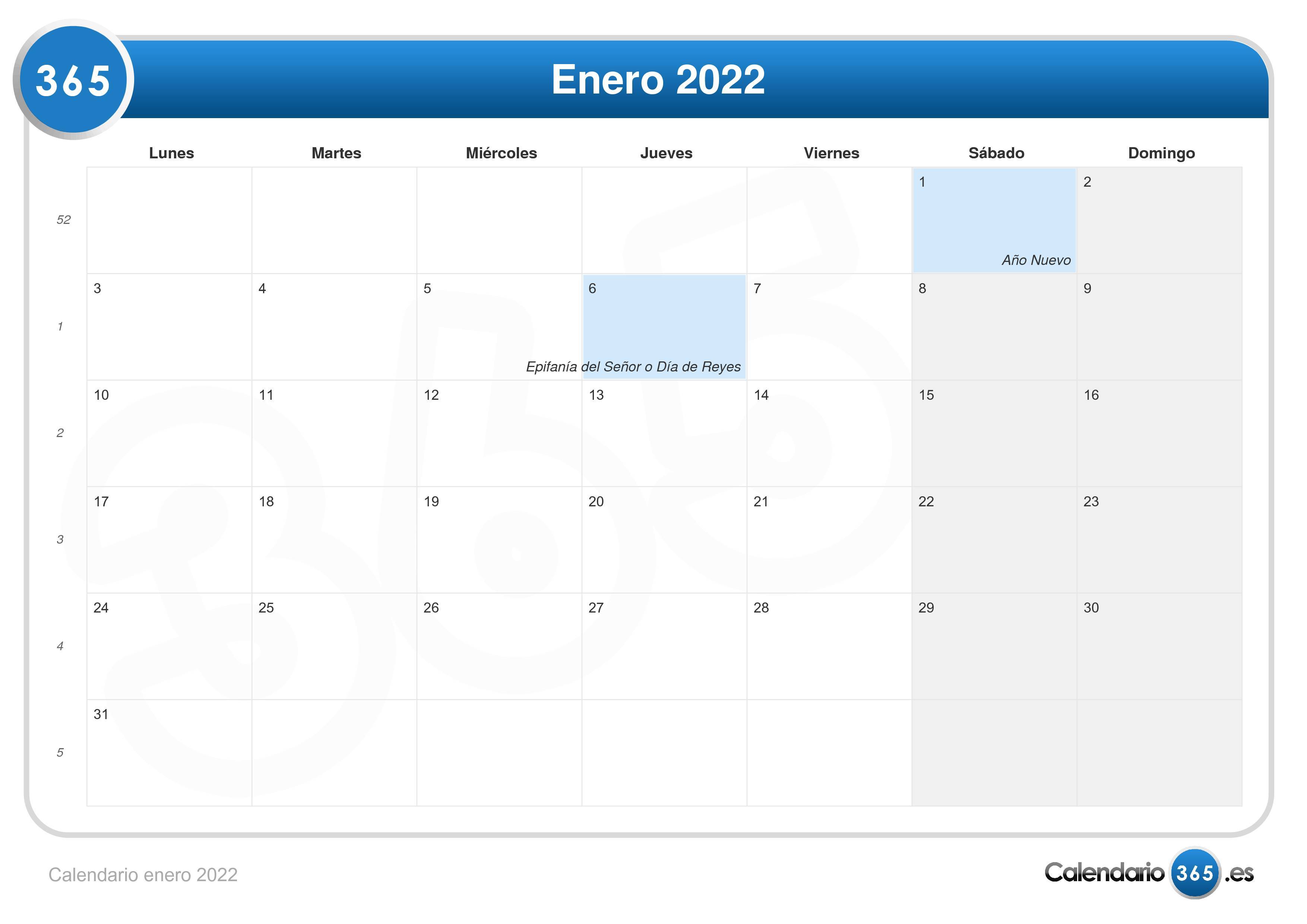 Calendario Enero 2022
