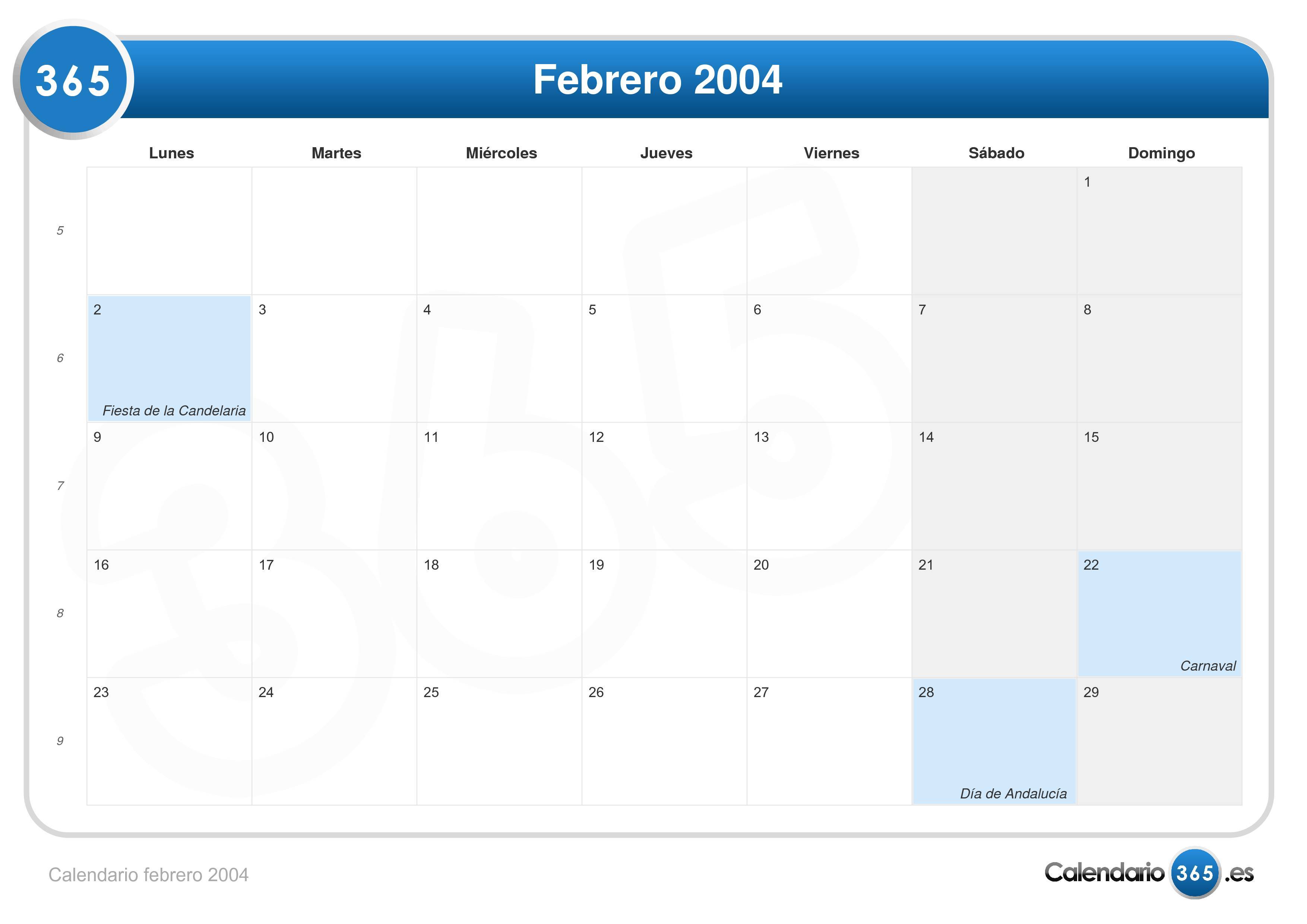 Calendario Febrero 2004 calendario febrero 2004