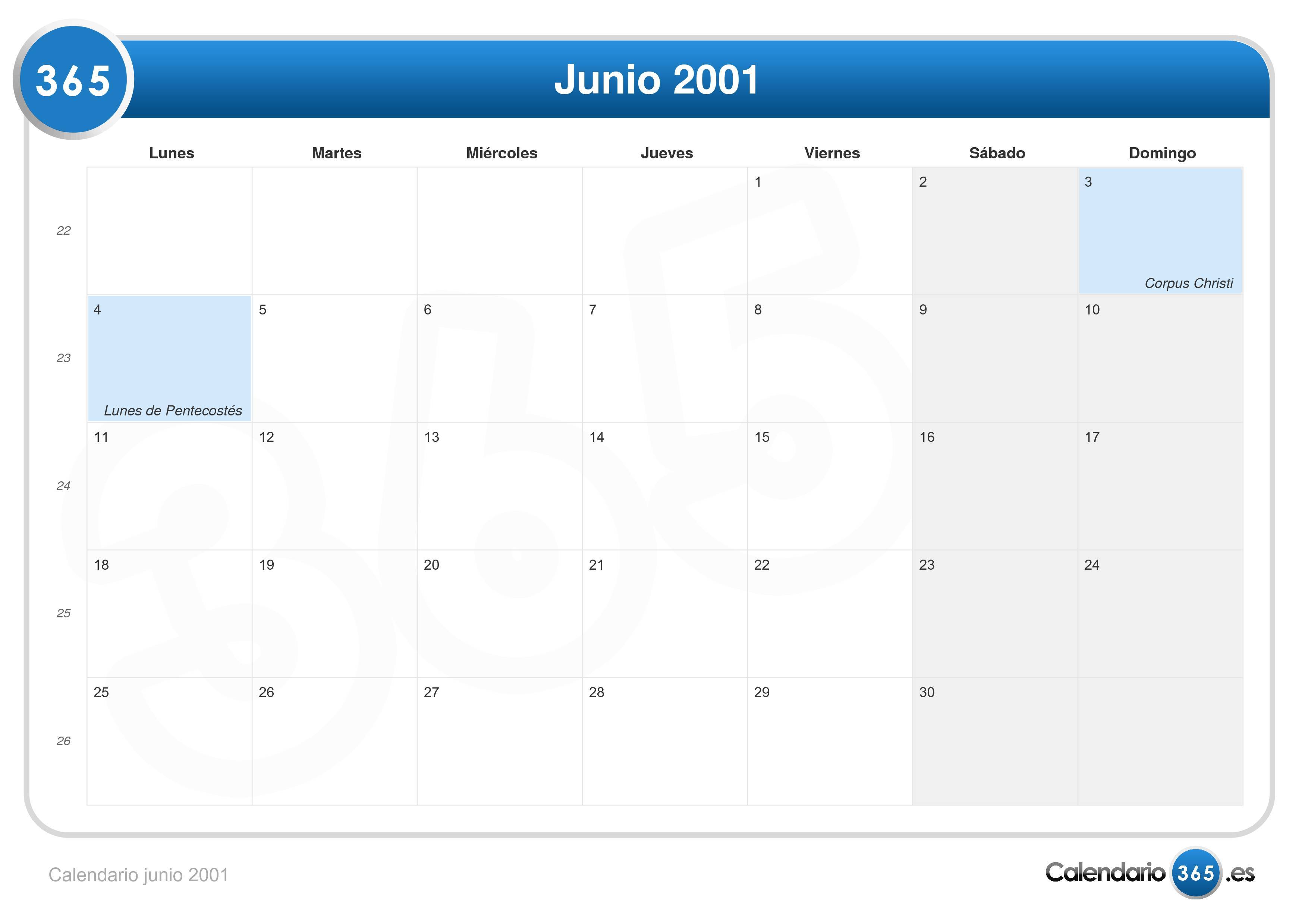 Calendario Junio 2001 calendario junio 2001