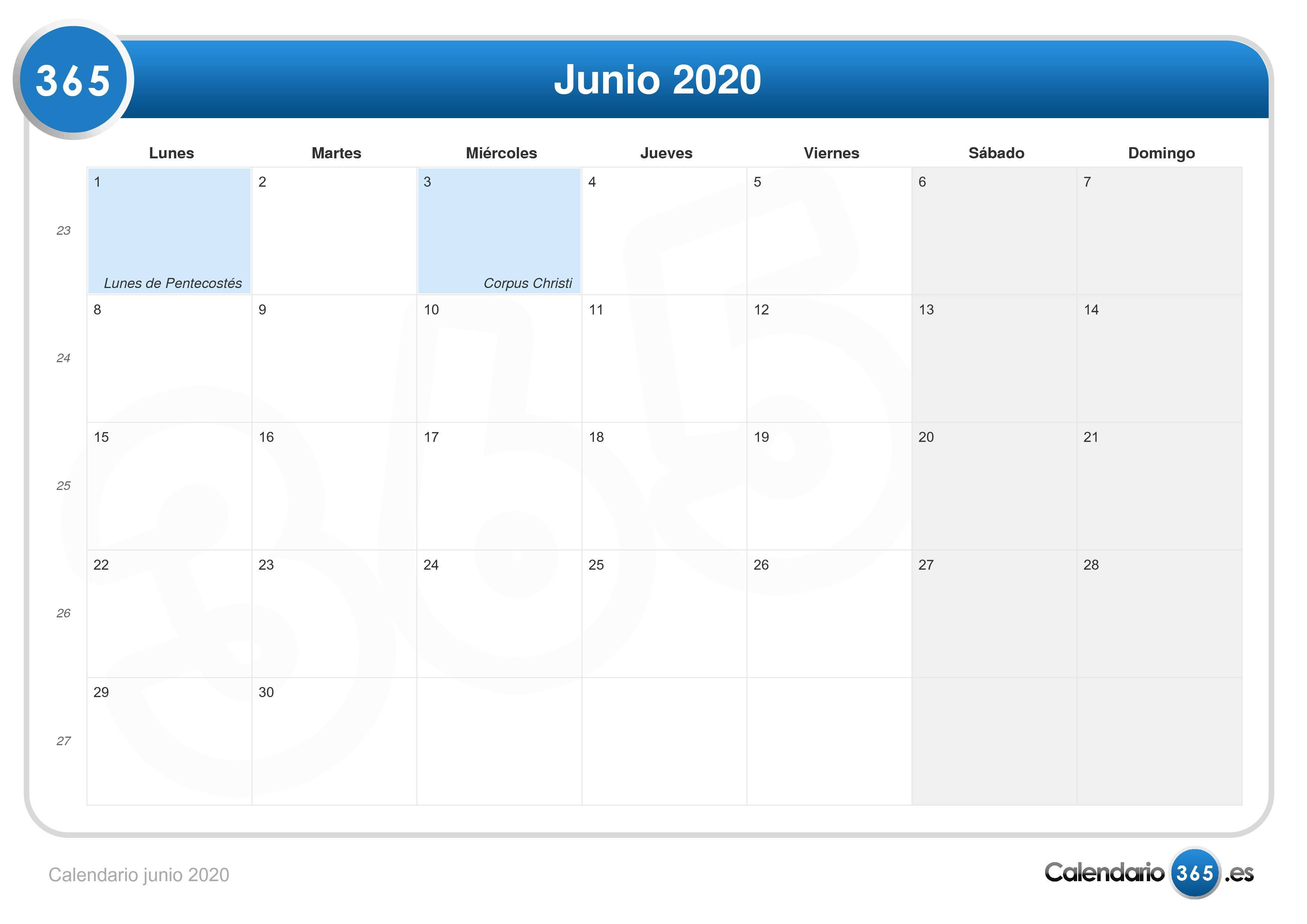 Calendario Junio 2020