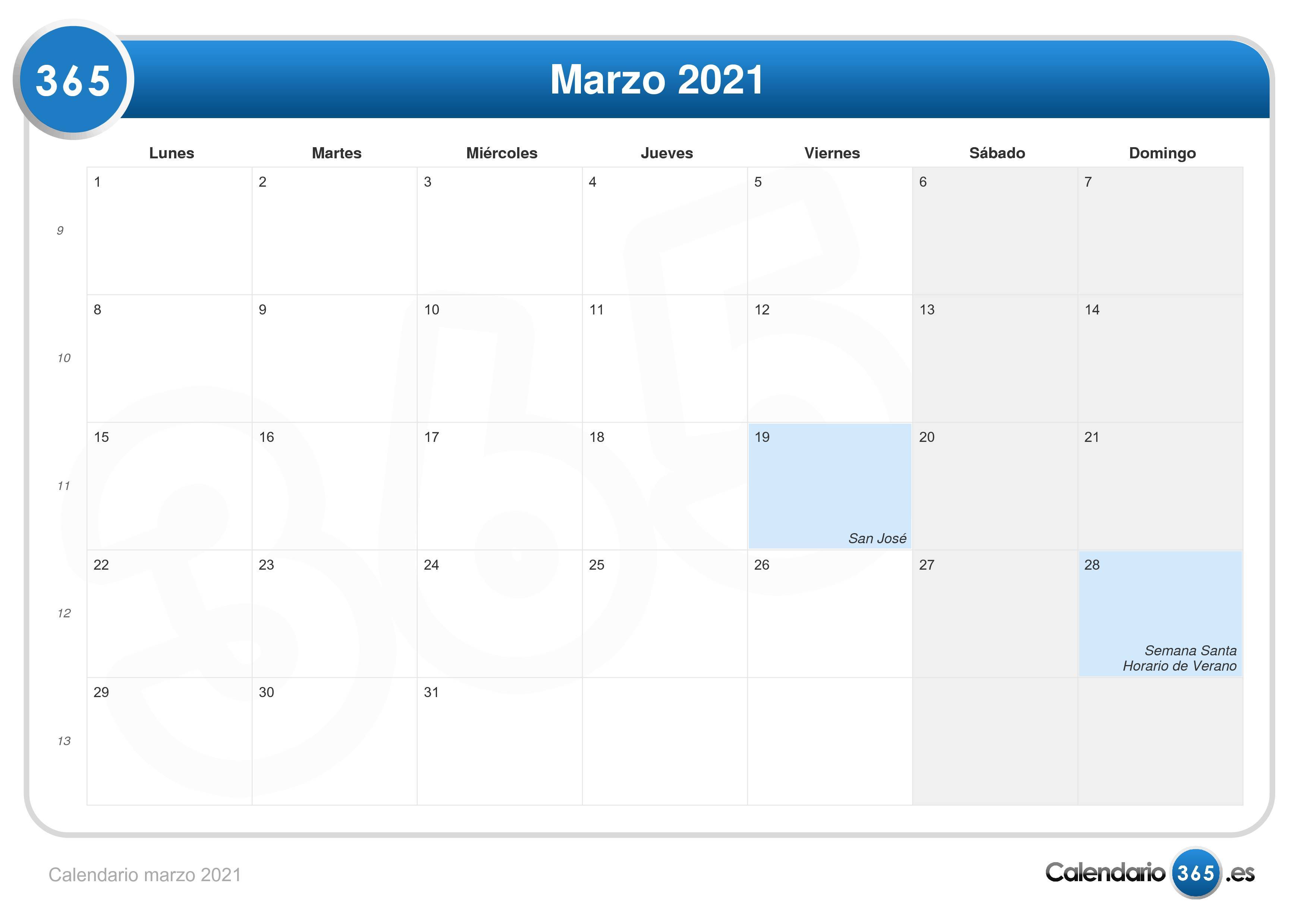 Calendario Marzo 2021 
