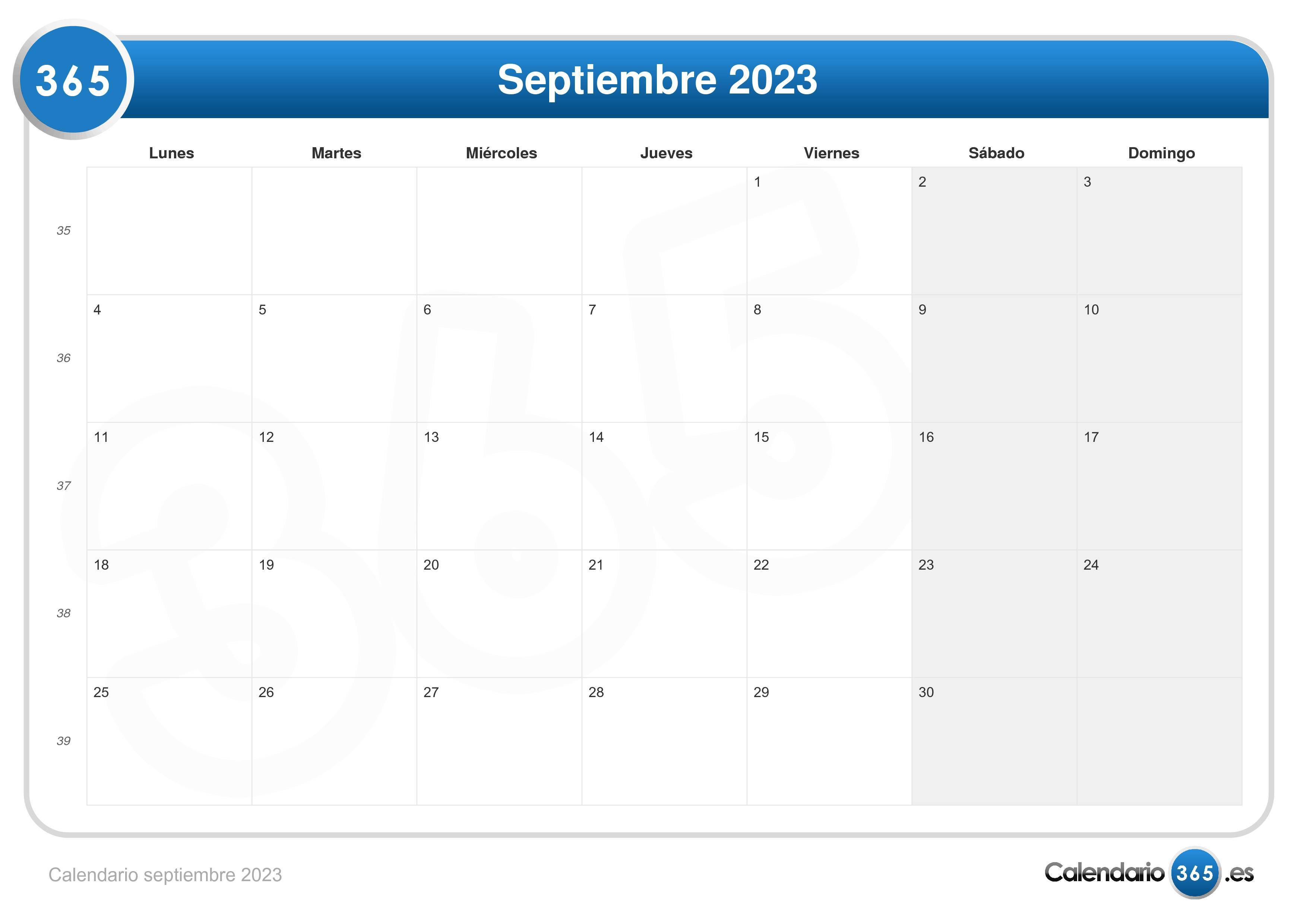 Calendario septiembre 2023